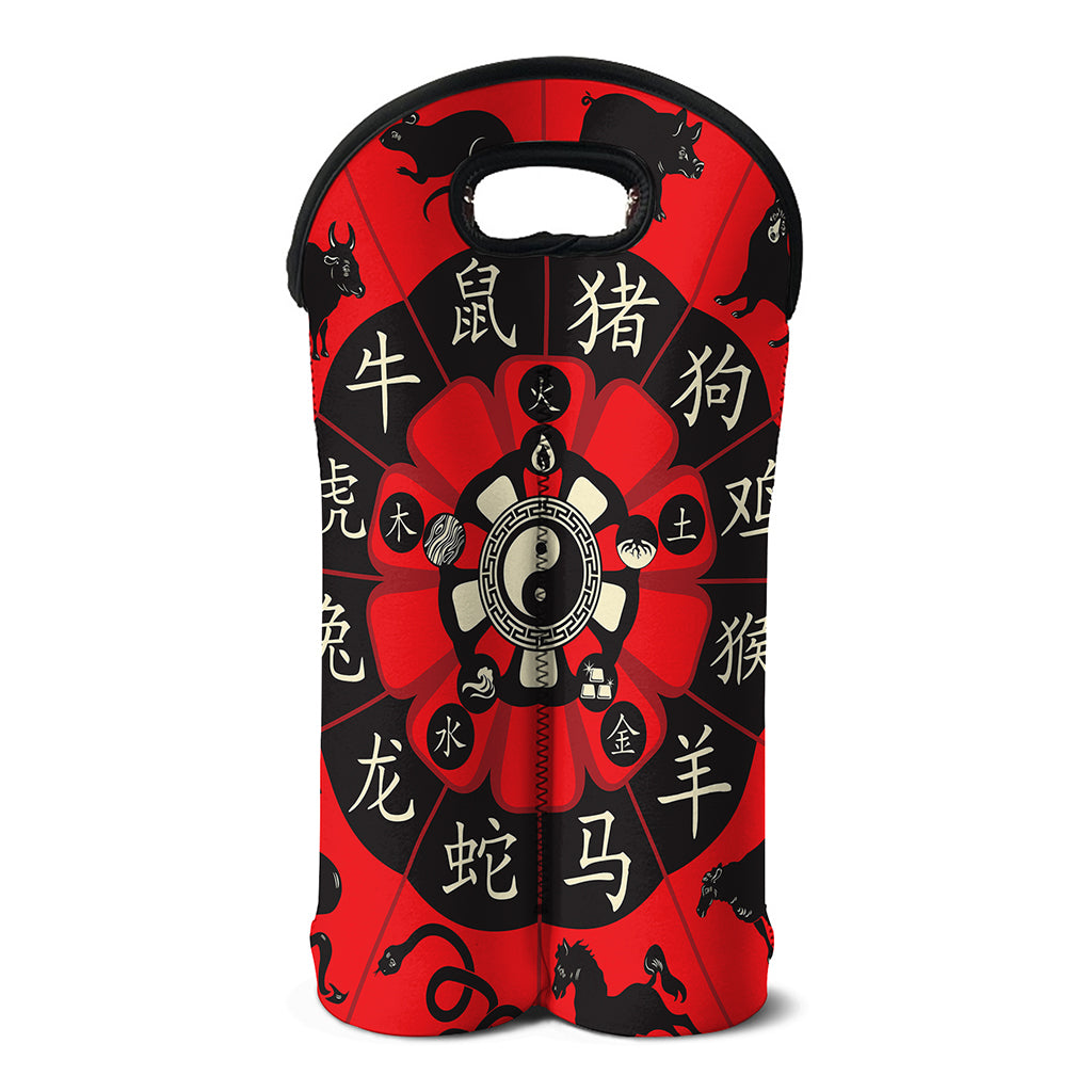 Red Chinese Zodiac Wheel Print Double Neoprene Wine Tote