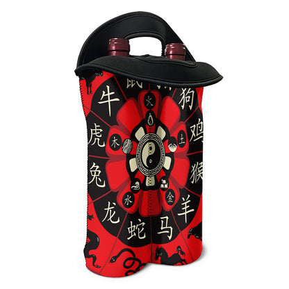 Red Chinese Zodiac Wheel Print Double Neoprene Wine Tote