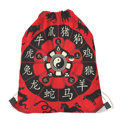 Red Chinese Zodiac Wheel Print Drawstring Bag