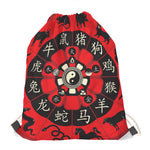 Red Chinese Zodiac Wheel Print Drawstring Bag