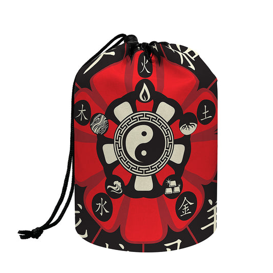 Red Chinese Zodiac Wheel Print Drawstring Makeup Bag