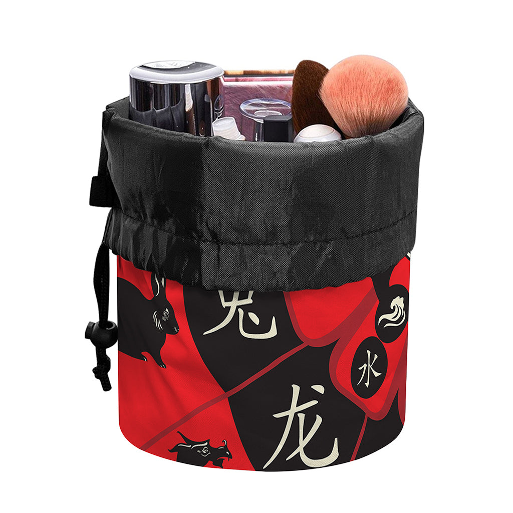 Red Chinese Zodiac Wheel Print Drawstring Makeup Bag