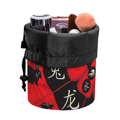 Red Chinese Zodiac Wheel Print Drawstring Makeup Bag