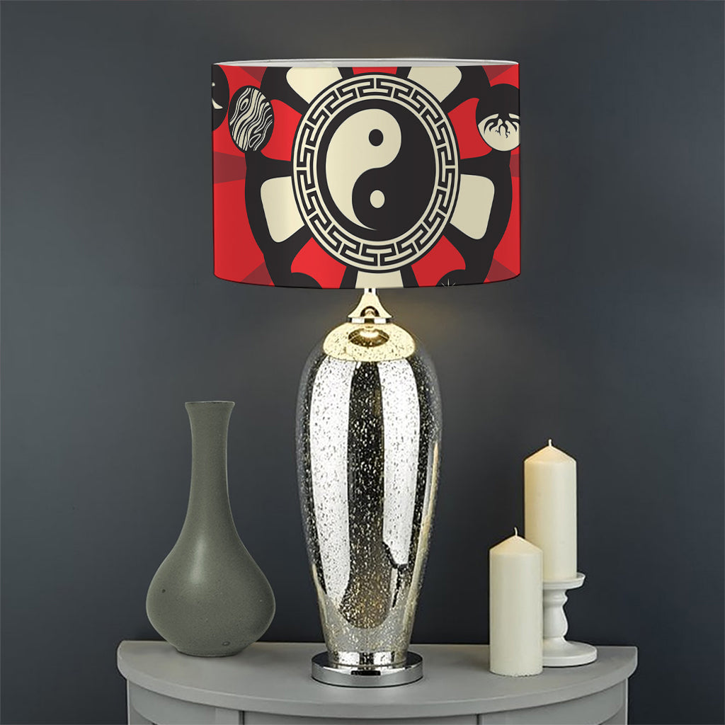 Red Chinese Zodiac Wheel Print Drum Lamp Shade