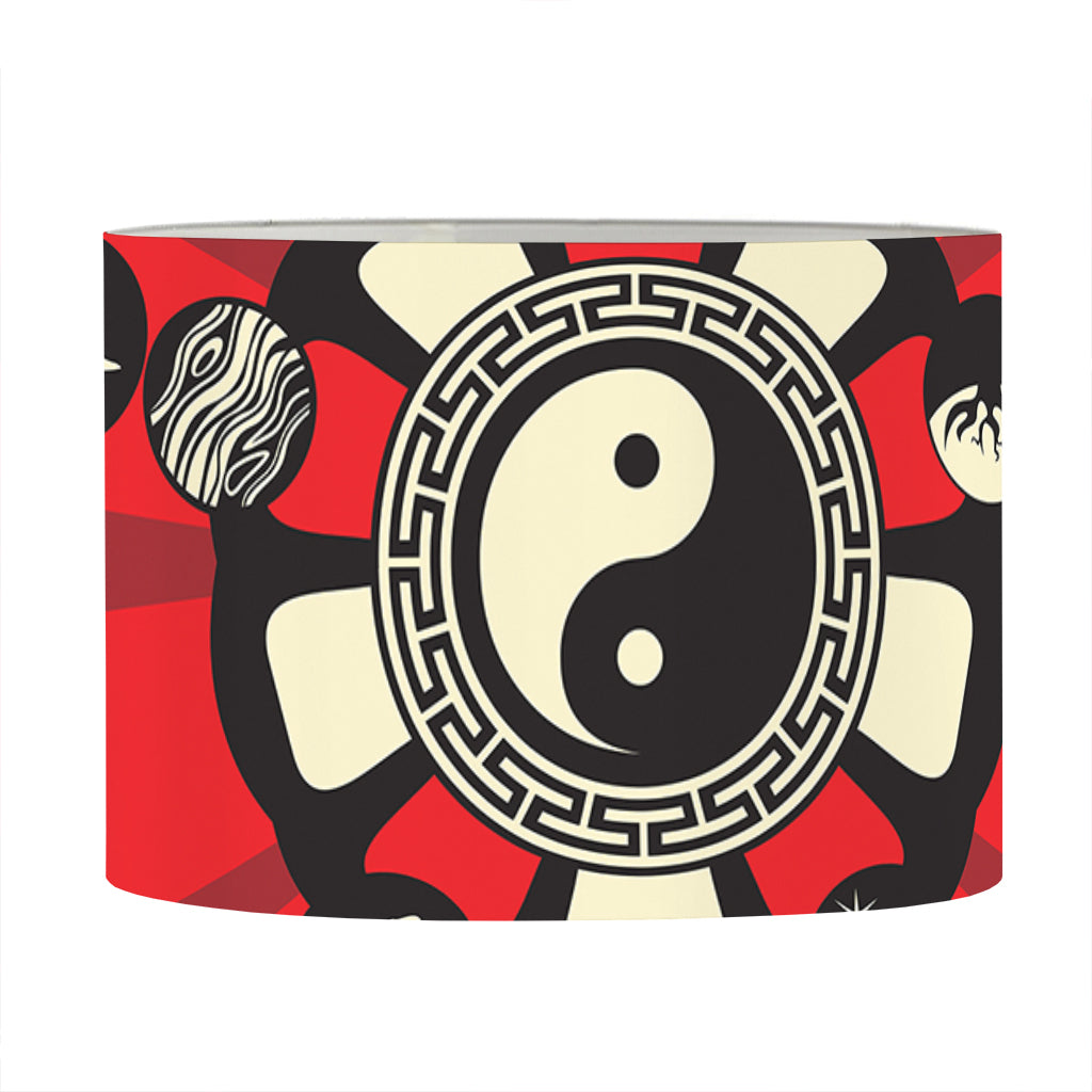 Red Chinese Zodiac Wheel Print Drum Lamp Shade