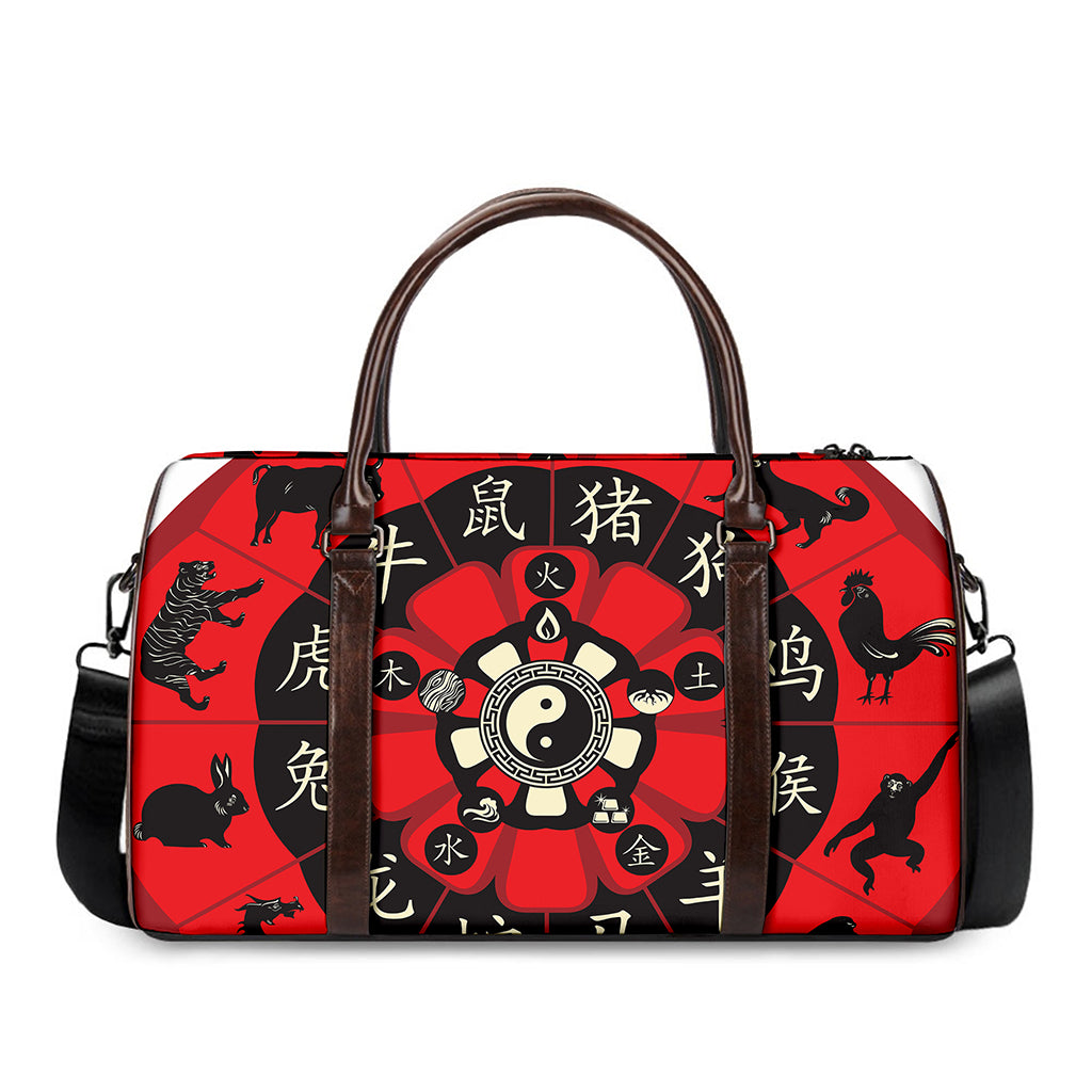 Red Chinese Zodiac Wheel Print Duffle Bag