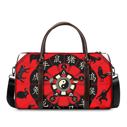 Red Chinese Zodiac Wheel Print Duffle Bag