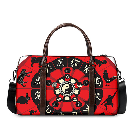 Red Chinese Zodiac Wheel Print Duffle Bag