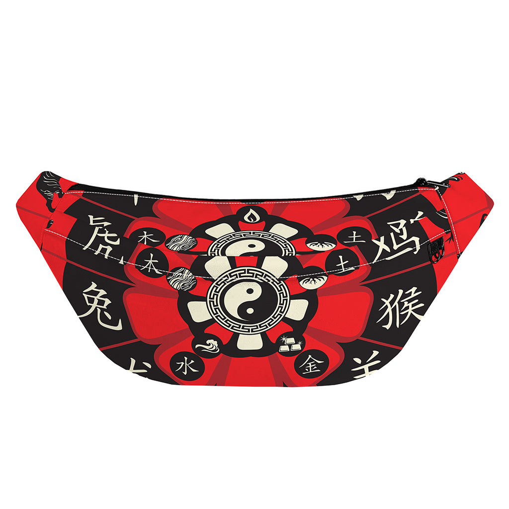 Red Chinese Zodiac Wheel Print Fanny Pack