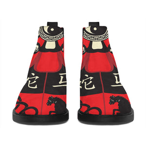 Red Chinese Zodiac Wheel Print Flat Ankle Boots