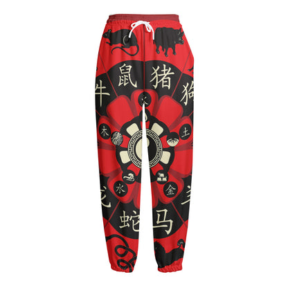 Red Chinese Zodiac Wheel Print Fleece Lined Knit Pants