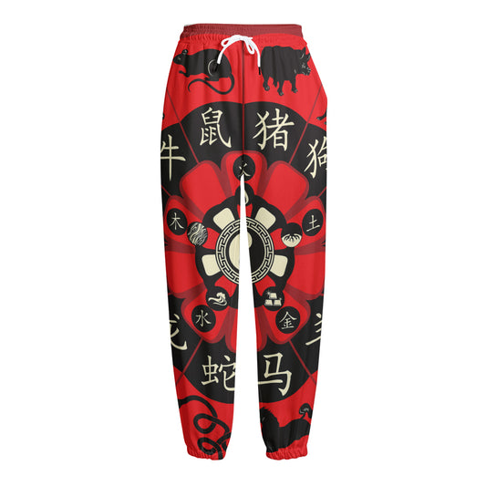 Red Chinese Zodiac Wheel Print Fleece Lined Knit Pants