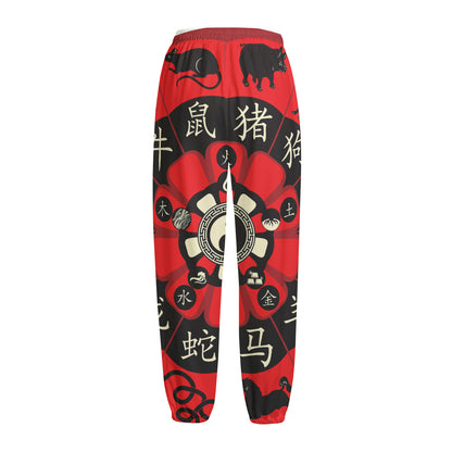 Red Chinese Zodiac Wheel Print Fleece Lined Knit Pants