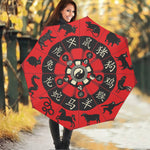 Red Chinese Zodiac Wheel Print Foldable Umbrella