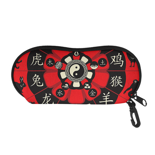 Red Chinese Zodiac Wheel Print Glasses Case