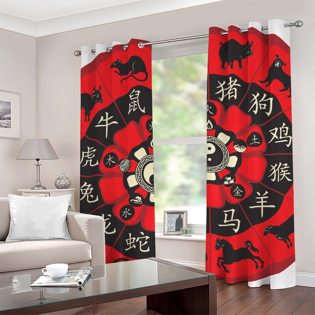 Red Chinese Zodiac Wheel Print Grommet Curtains