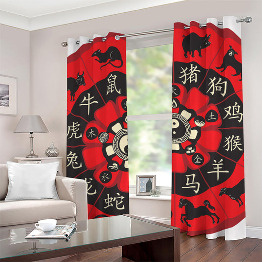 Red Chinese Zodiac Wheel Print Grommet Curtains
