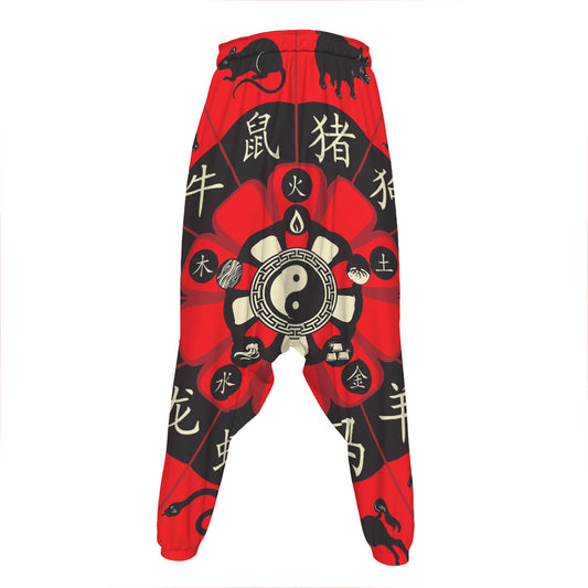 Red Chinese Zodiac Wheel Print Hammer Pants