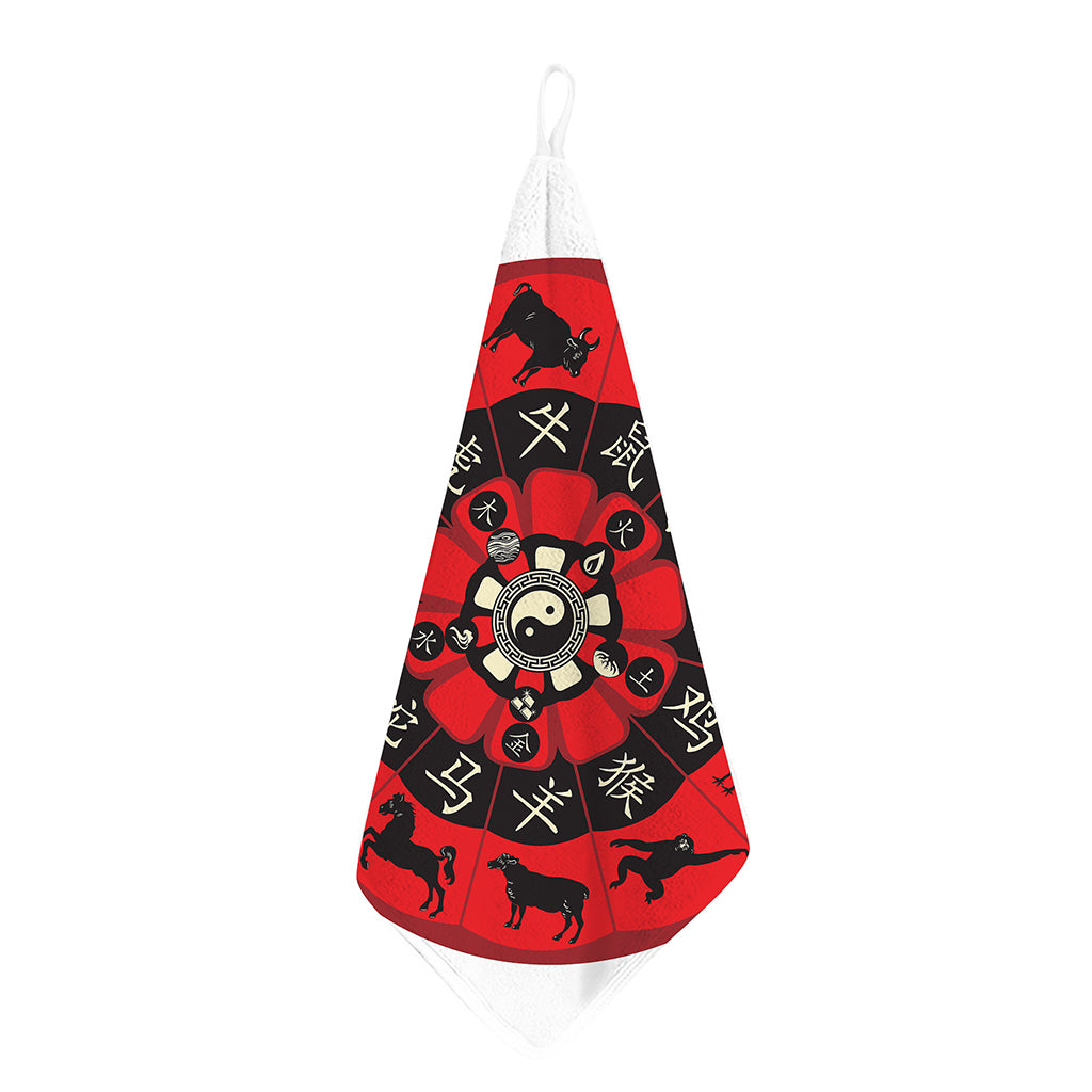 Red Chinese Zodiac Wheel Print Hand Towel