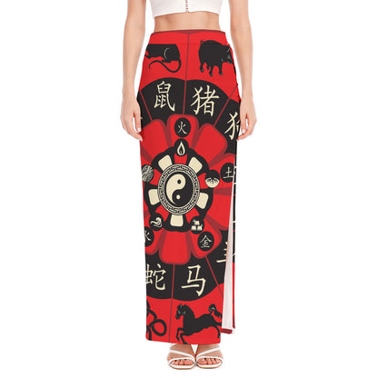 Red Chinese Zodiac Wheel Print High Slit Maxi Skirt