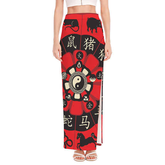 Red Chinese Zodiac Wheel Print High Slit Maxi Skirt