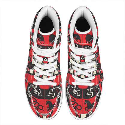 Red Chinese Zodiac Wheel Print High Top Leather Sneakers