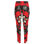 Red Chinese Zodiac Wheel Print High-Waisted Pocket Leggings