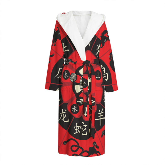 Red Chinese Zodiac Wheel Print Hooded Bathrobe