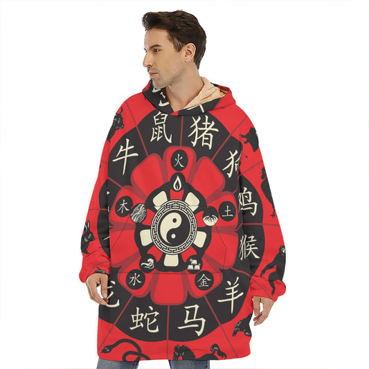 Red Chinese Zodiac Wheel Print Hoodie Blanket