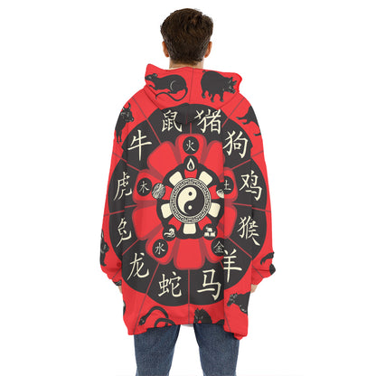 Red Chinese Zodiac Wheel Print Hoodie Blanket