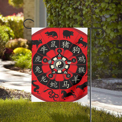 Red Chinese Zodiac Wheel Print House Flag
