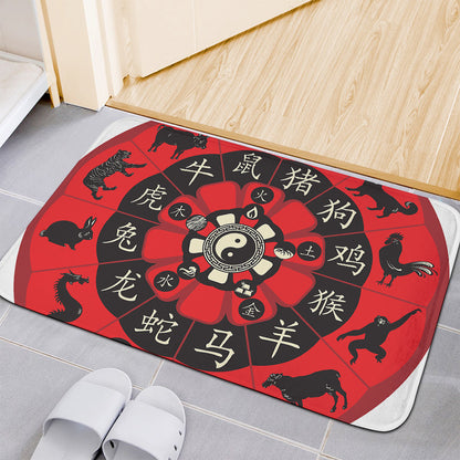 Red Chinese Zodiac Wheel Print Indoor Door Mat