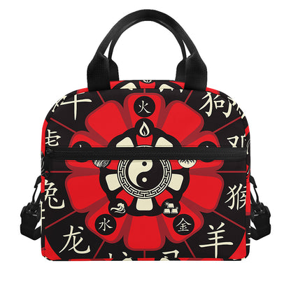Red Chinese Zodiac Wheel Print Insulated Lunch Bag