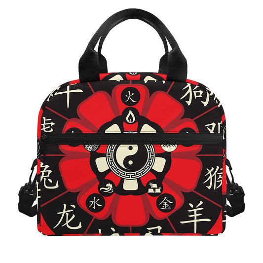 Red Chinese Zodiac Wheel Print Insulated Lunch Bag