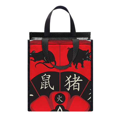 Red Chinese Zodiac Wheel Print Insulated Lunch Tote