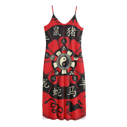 Red Chinese Zodiac Wheel Print Jersey Midi Cami Dress