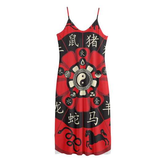 Red Chinese Zodiac Wheel Print Jersey Midi Cami Dress