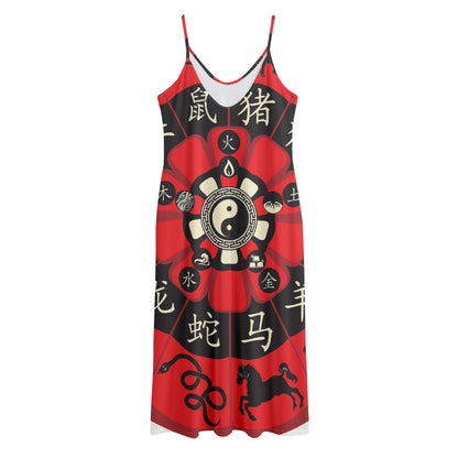 Red Chinese Zodiac Wheel Print Jersey Midi Cami Dress