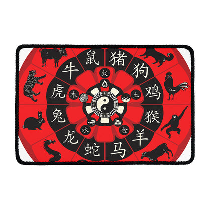 Red Chinese Zodiac Wheel Print Kitchen Mat