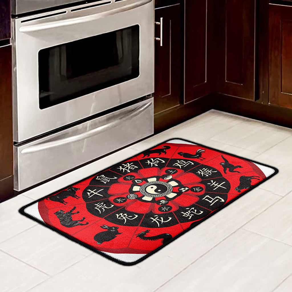 Red Chinese Zodiac Wheel Print Kitchen Mat