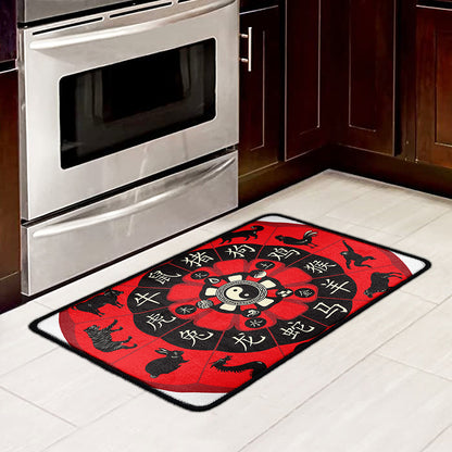 Red Chinese Zodiac Wheel Print Kitchen Mat