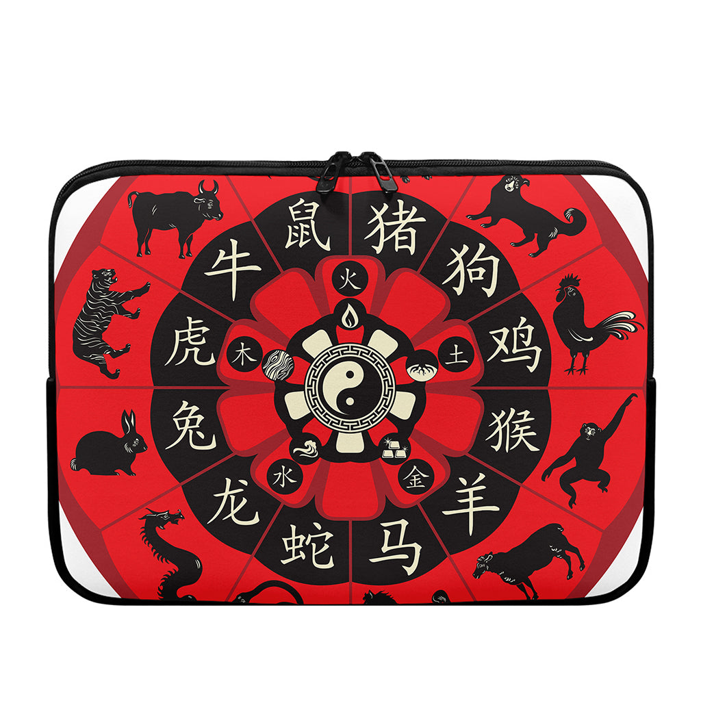 Red Chinese Zodiac Wheel Print Laptop Sleeve