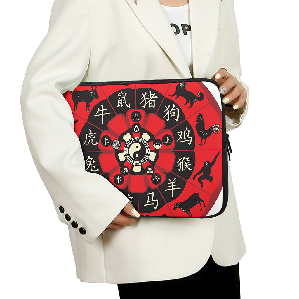 Red Chinese Zodiac Wheel Print Laptop Sleeve