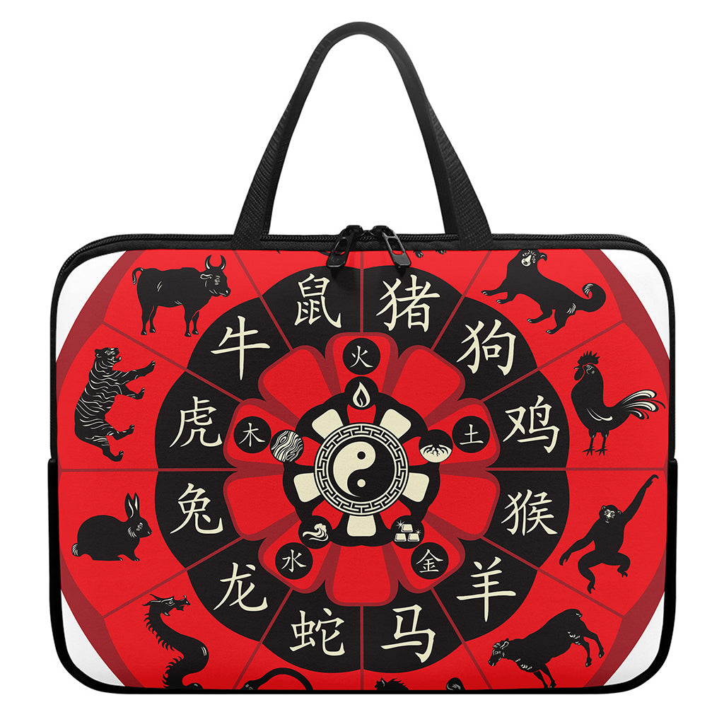 Red Chinese Zodiac Wheel Print Laptop Sleeve With Handle