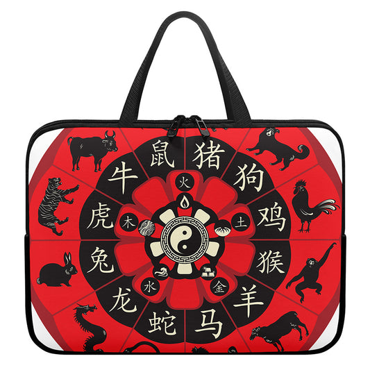 Red Chinese Zodiac Wheel Print Laptop Sleeve With Handle