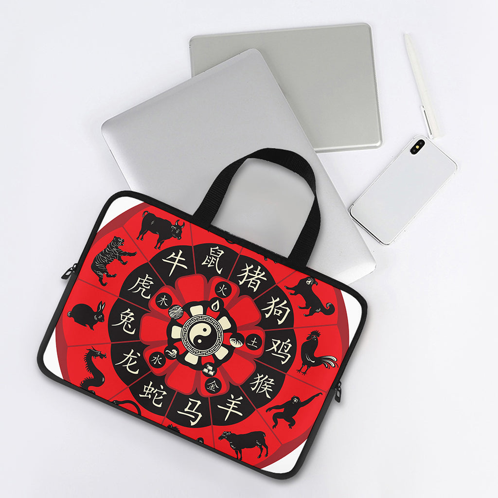 Red Chinese Zodiac Wheel Print Laptop Sleeve With Handle