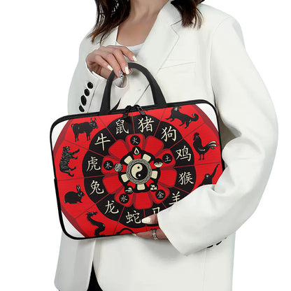 Red Chinese Zodiac Wheel Print Laptop Sleeve With Handle