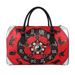 Red Chinese Zodiac Wheel Print Leather Duffle Bag