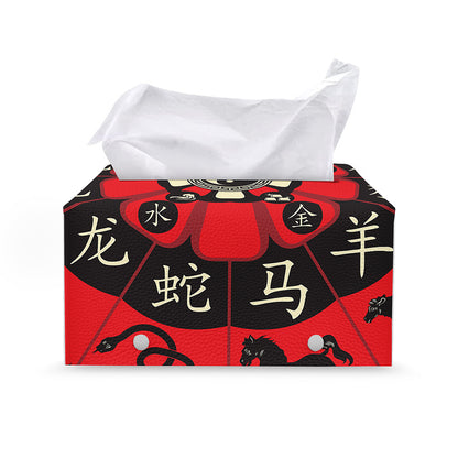Red Chinese Zodiac Wheel Print Leather Tissue Box Cover
