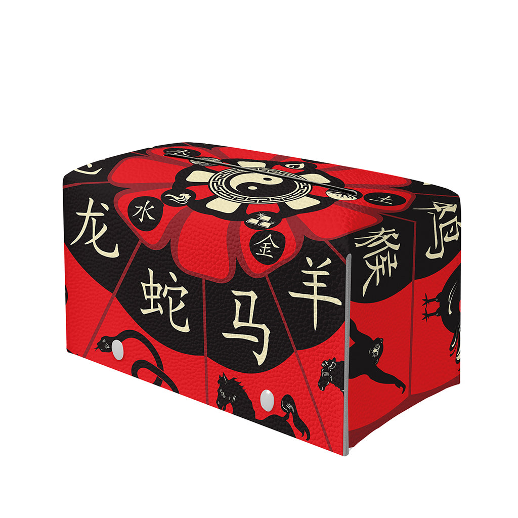 Red Chinese Zodiac Wheel Print Leather Tissue Box Cover